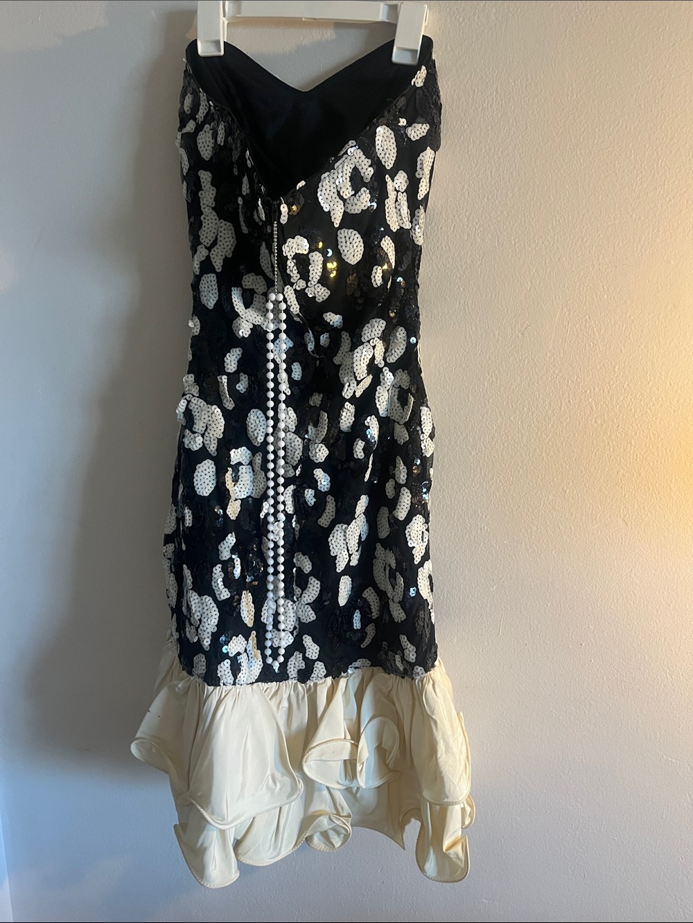 Vintage Black and White Sequin Strapless Dress with Cream Ruffle Hem - Picture 2 of 4